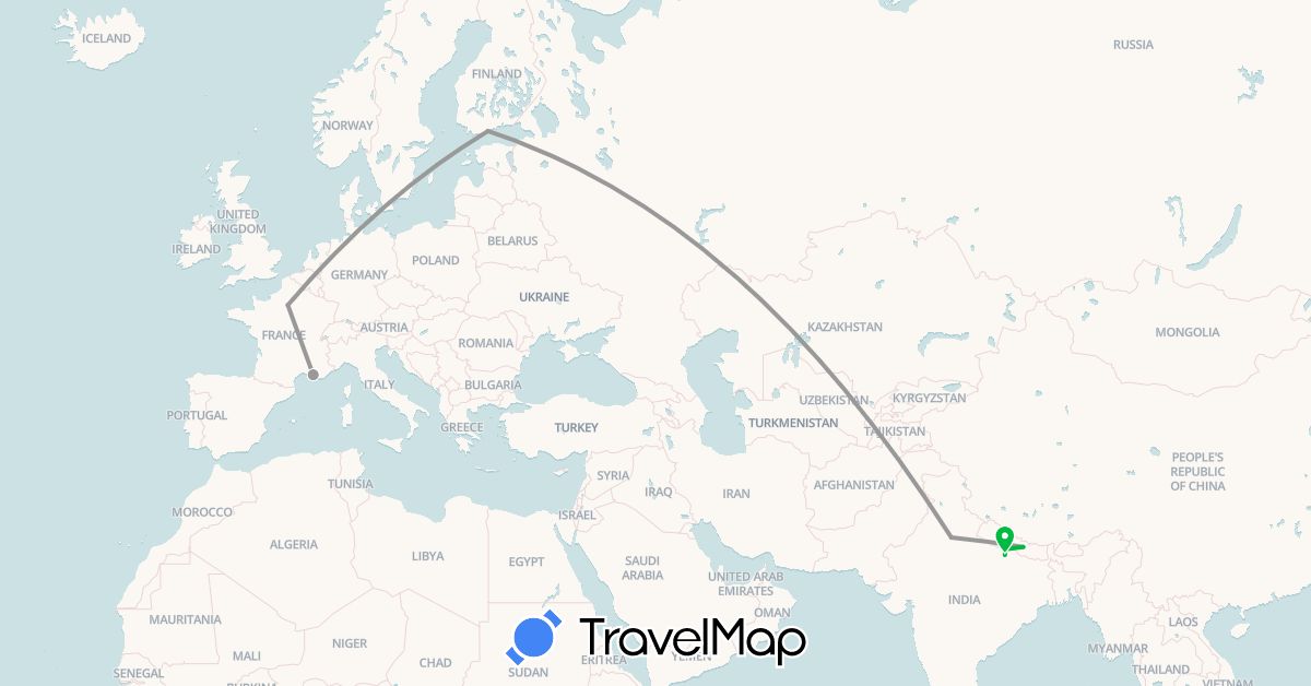 TravelMap itinerary: driving, bus, plane in Finland, France, India, Nepal (Asia, Europe)